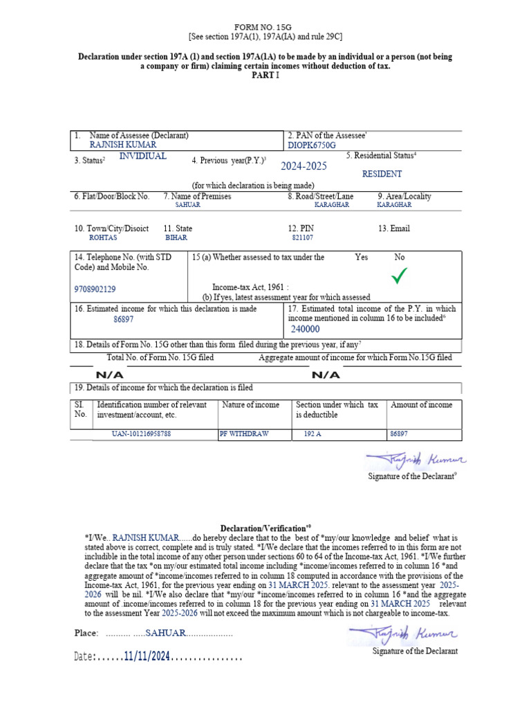 Form 15G Tax Declaration for Individuals | PDF | Income Tax | Income