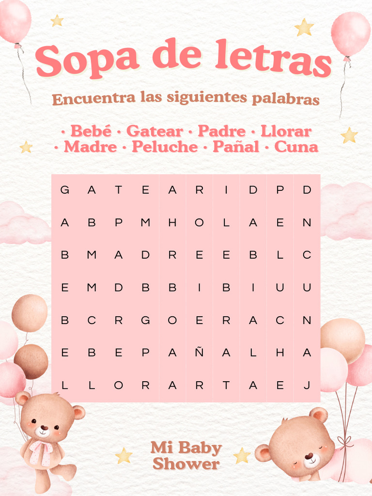 Documento A4 Juego Sopa de Letras para Baby Shower Niña Rosa PDF | PDF, image size:768x1024