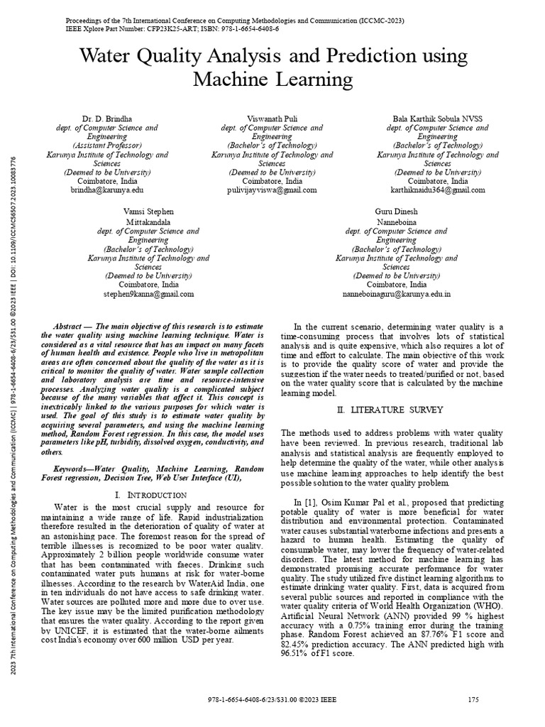 Water Quality Analysis And Prediction Using Machine Learning Pdf