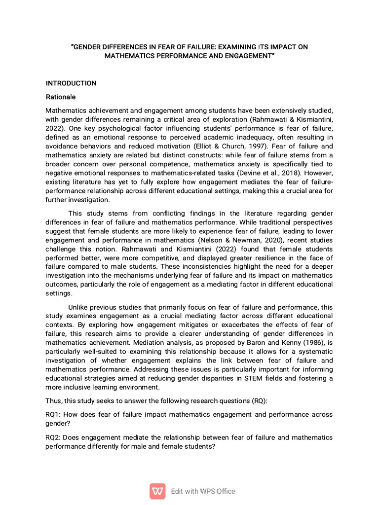 Gender Differences in Fear of Failure in Math | PDF | Fear | Statistics