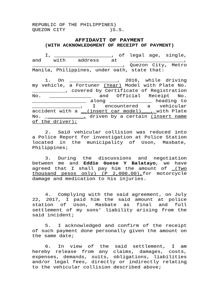 Affidavit of Payment Acknowledgment | PDF | Affidavit