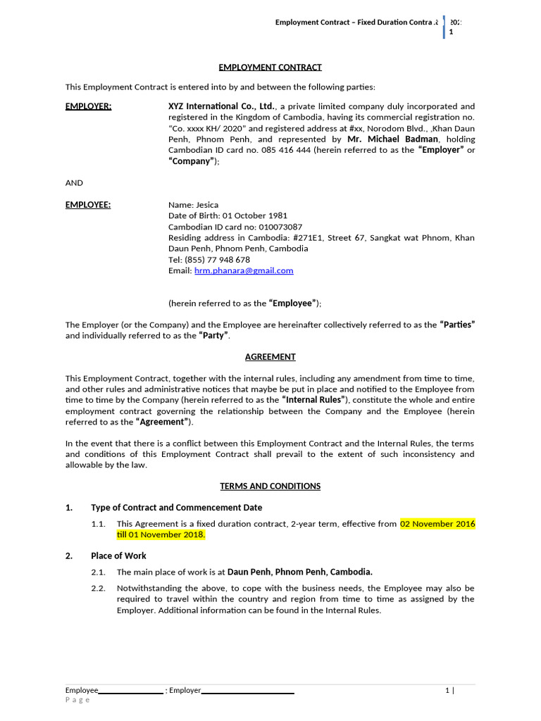 Fixed Duration Employment Contract Template | PDF | Sick Leave | Employment