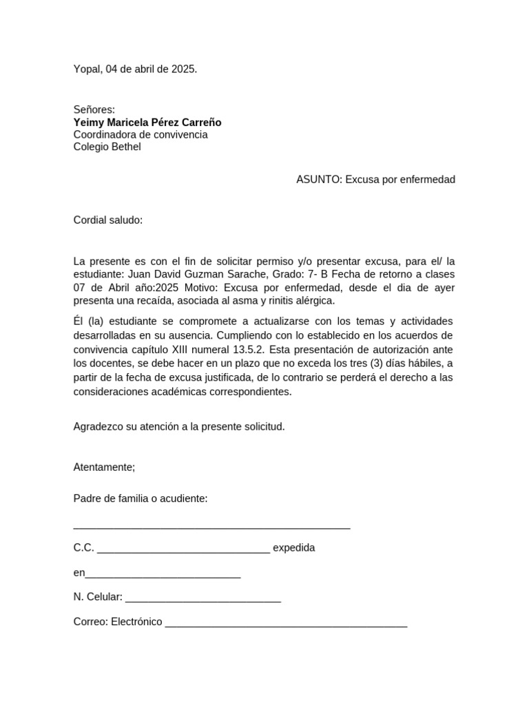 Excusa por enfermedad para estudiante | PDF