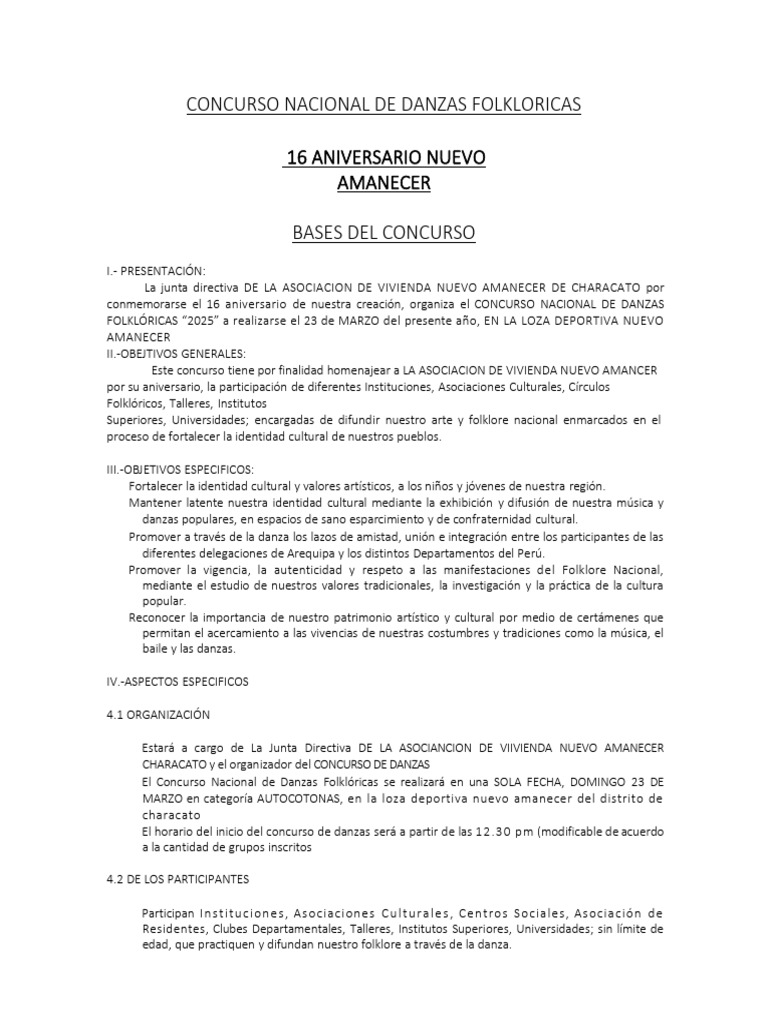 Concurso Nacional de Danzas Folklóricas 2025 | PDF | Folklore | Bailes