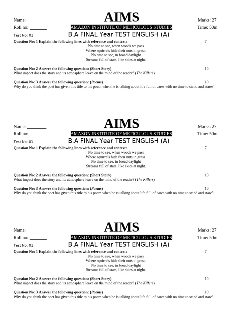 B.A English Test: Poetry and Prose Analysis | PDF | Poetry | Poems