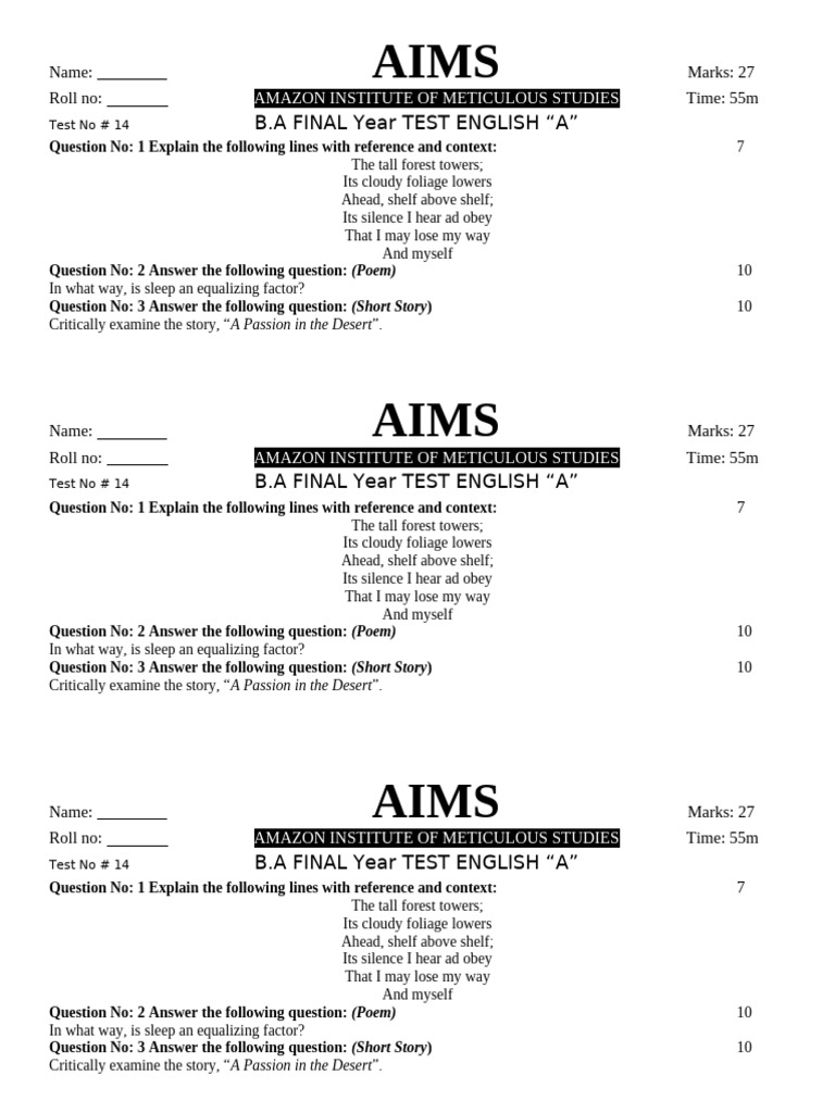 B.A English Test: Poems & Short Stories | PDF