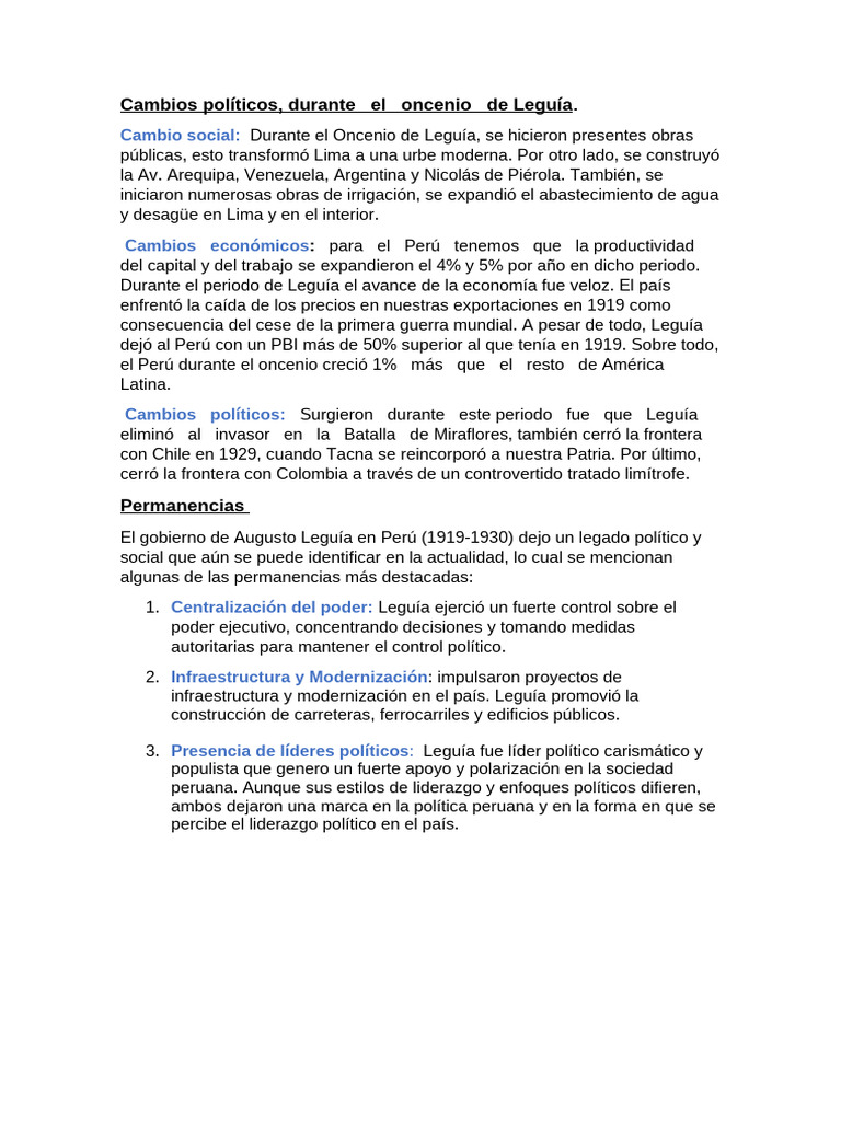 Cambios políticos en el Oncenio de Leguía | PDF