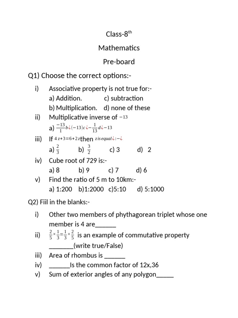 Class 8 Math Pre-Board Exam Questions | PDF | Subtraction | Elementary ...