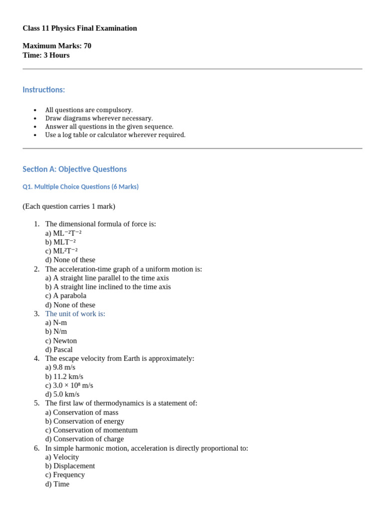 Class 11 Physics Exam Overview | PDF | Newton's Laws Of Motion | Force