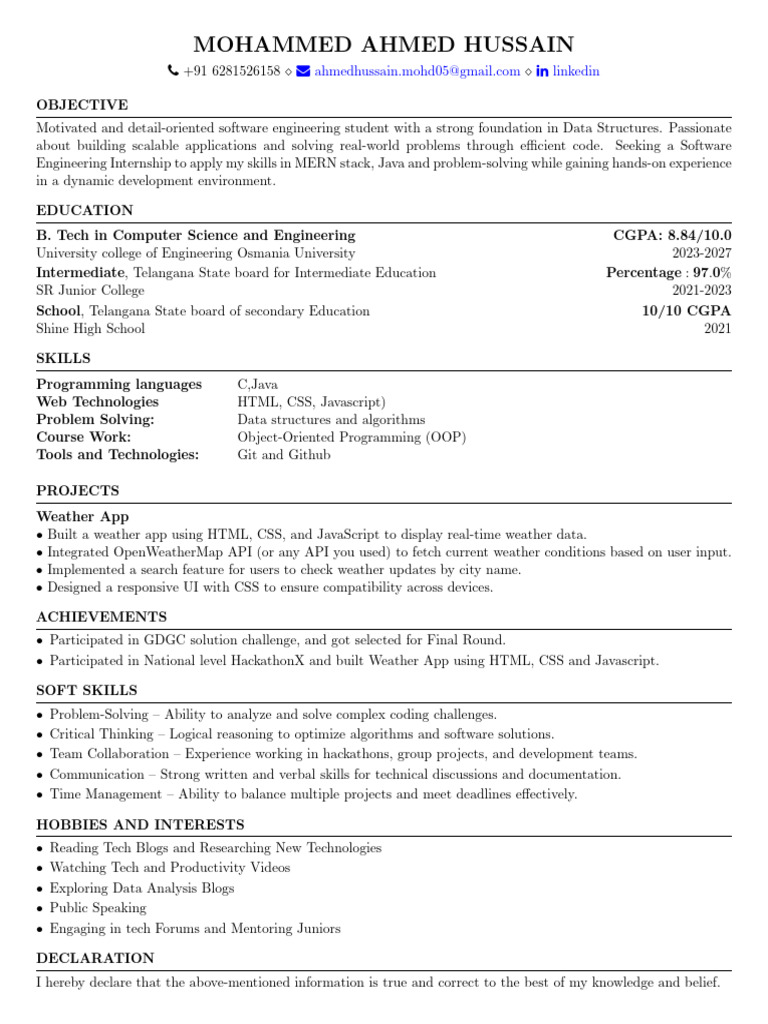 Software Engineering Internship Resume | PDF | Computer Programming ...