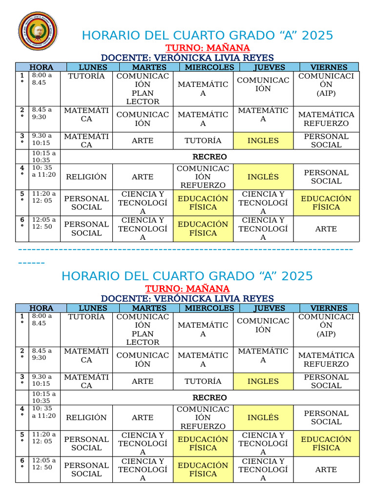 Horario Cuarto Grado A 2025 Mañana | PDF