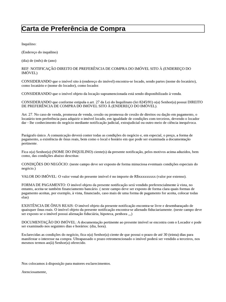 carta de preferencia | PDF | Aluguel