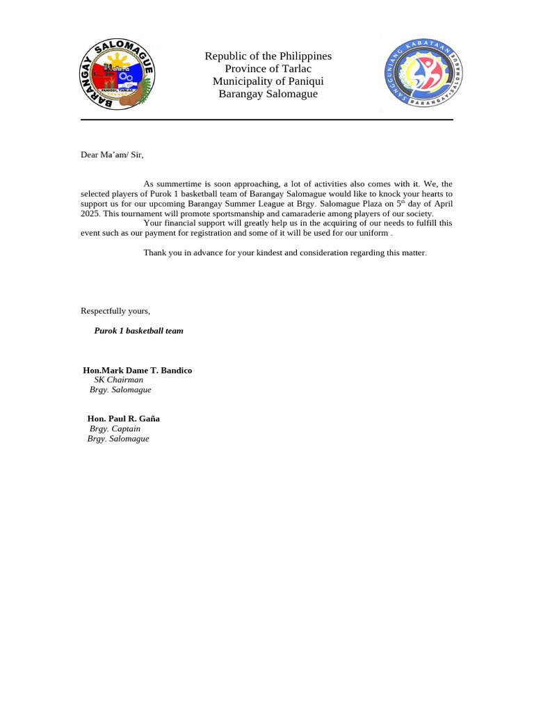 Support Request for Barangay Summer League | PDF