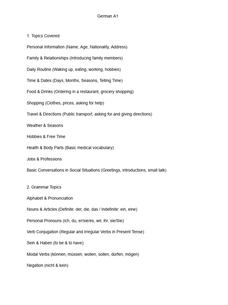 German A1 Language Course Overview | PDF | Syntactic Relationships ...