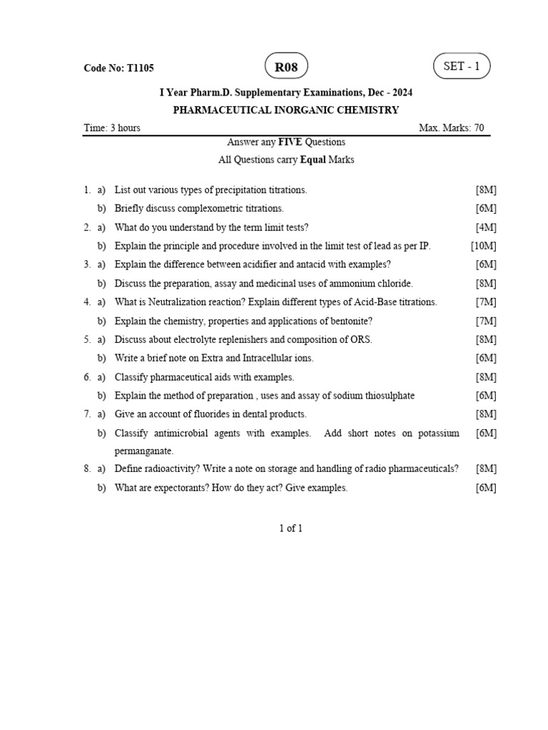 Code No: T1105 I Year Pharm.D. Supplementary Examinations, Dec - 2024 ...