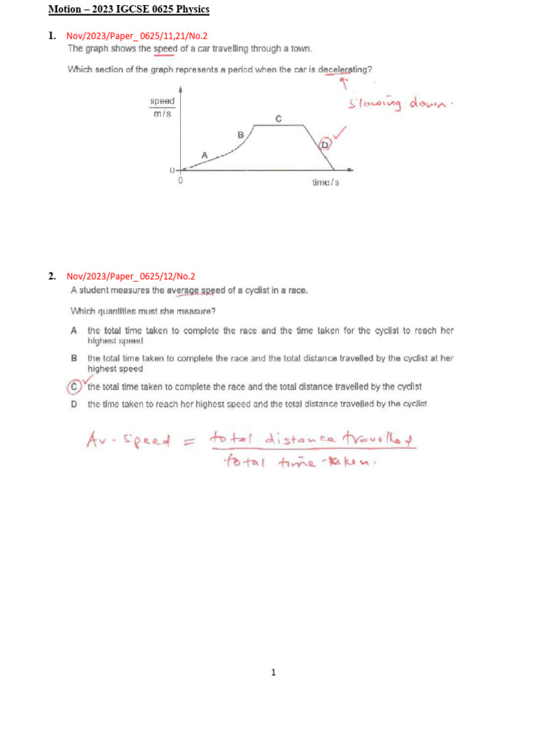 2023 IGCSE Physics Motion Papers | PDF