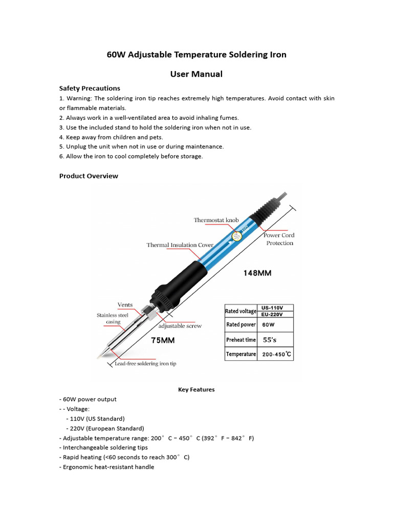 60W Adjustable Temperature Soldering Iron Guide | PDF | Soldering ...