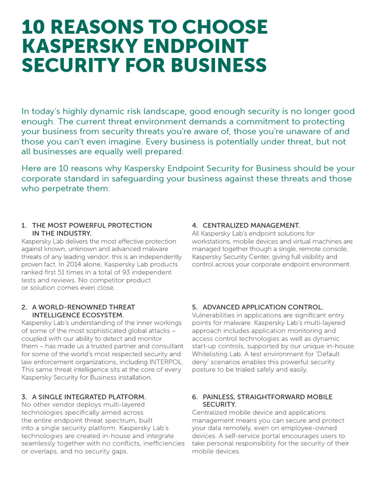 10 Reasons for Kaspersky Endpoint Security | PDF | Security | Computer ...