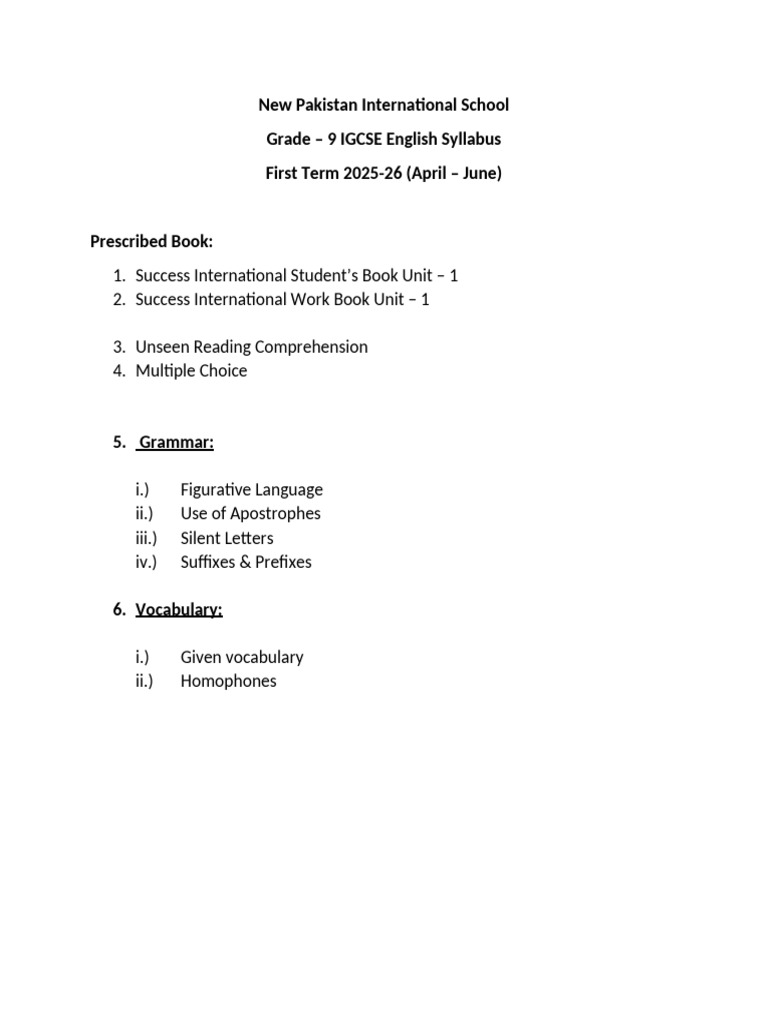 1st TRM 9 IG English Syllabus 25-26 | PDF
