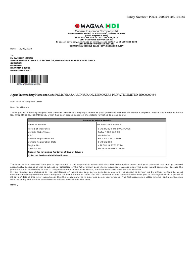 GCV Package Policy Details for Sandeep Kumar | PDF | Insurance | Driver ...