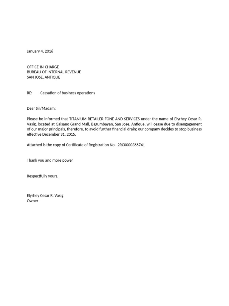Business Closure Letter For BIR - Titanium Retailer (Antique) | PDF