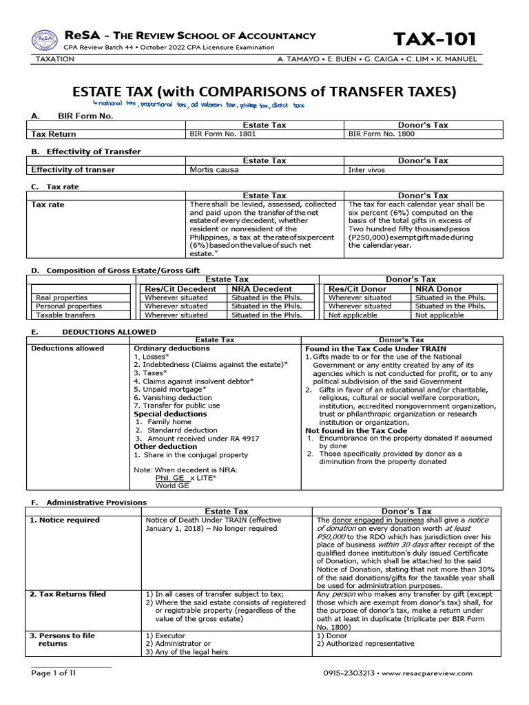 Estate Tax vs. Donor's Tax Guide | PDF | Estate Tax In The United ...