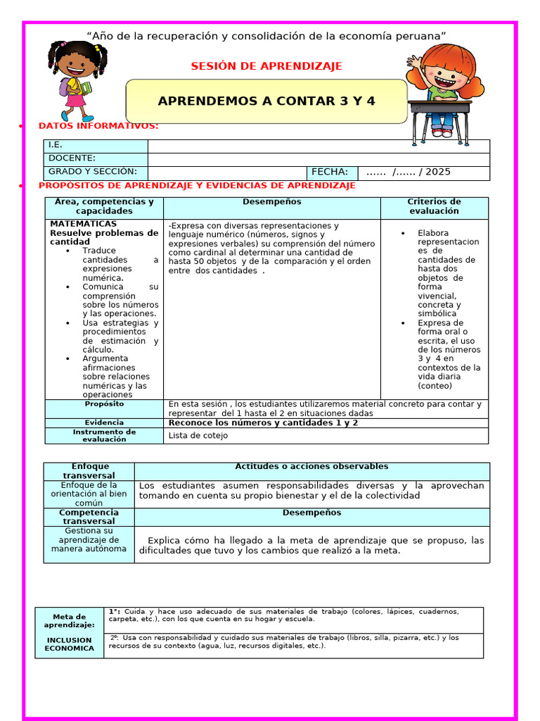 U1 Sesion de Mate Aprendemos A Contar 3y 4 | PDF | Aprendizaje