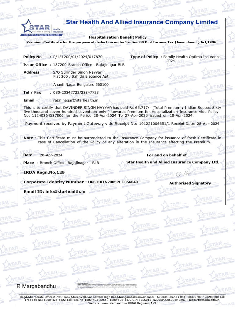 Health Insurance Policy Certificate Section80D | PDF | Insurance ...