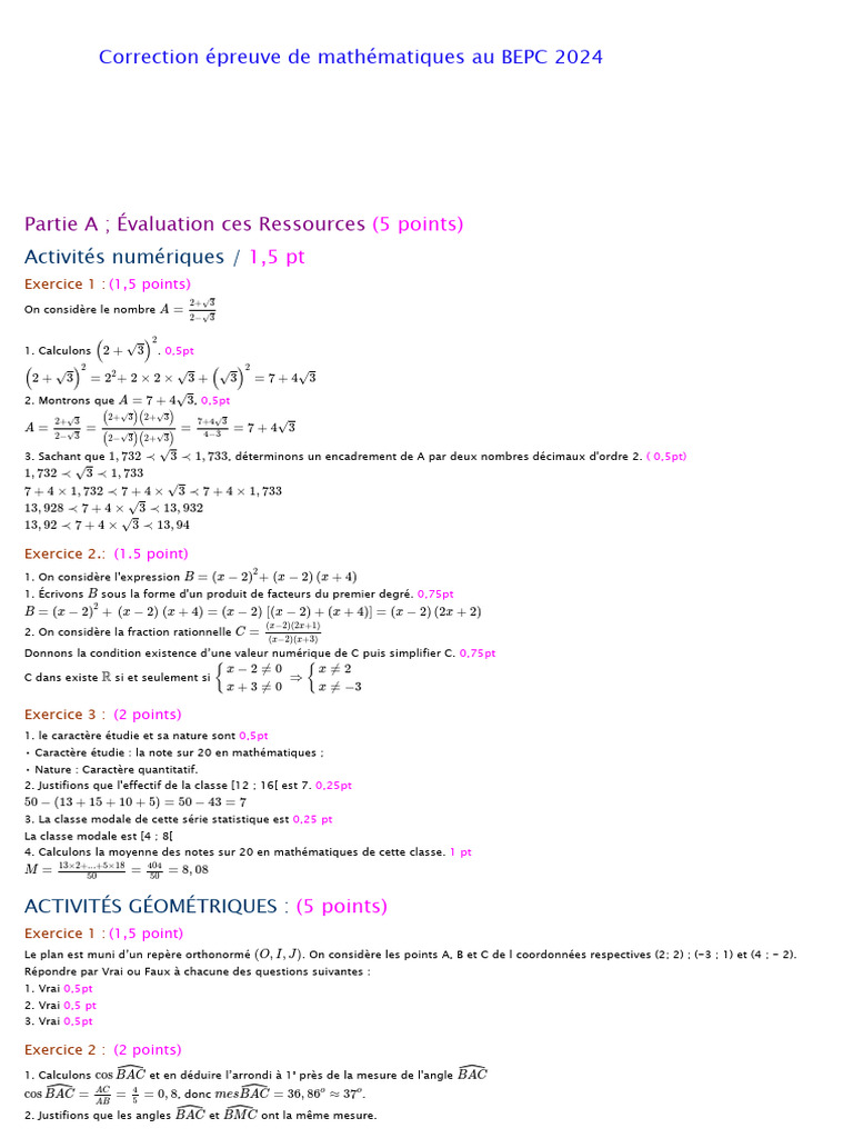 Correction BEPC Maths 2024 | PDF | Mathématiques | Arithmétique