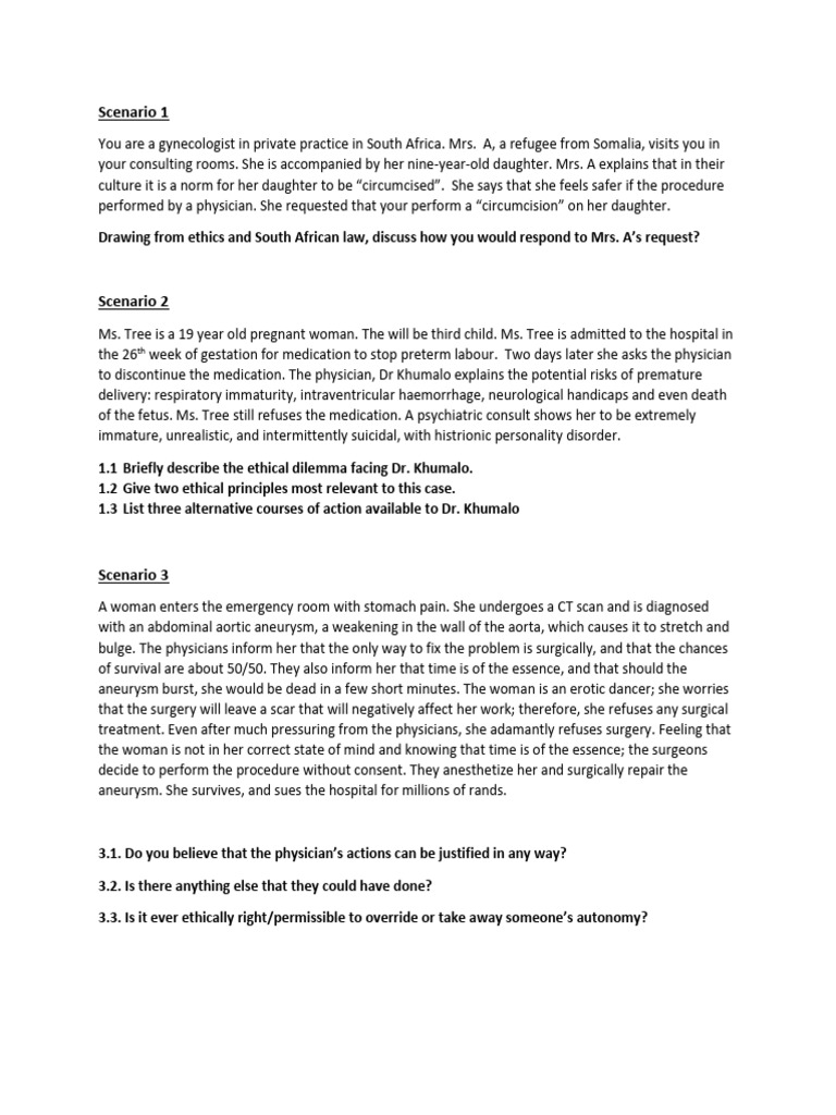 Bioethics clinical Scenario 1,2,3.pdf | PDF | Childbirth | Surgery