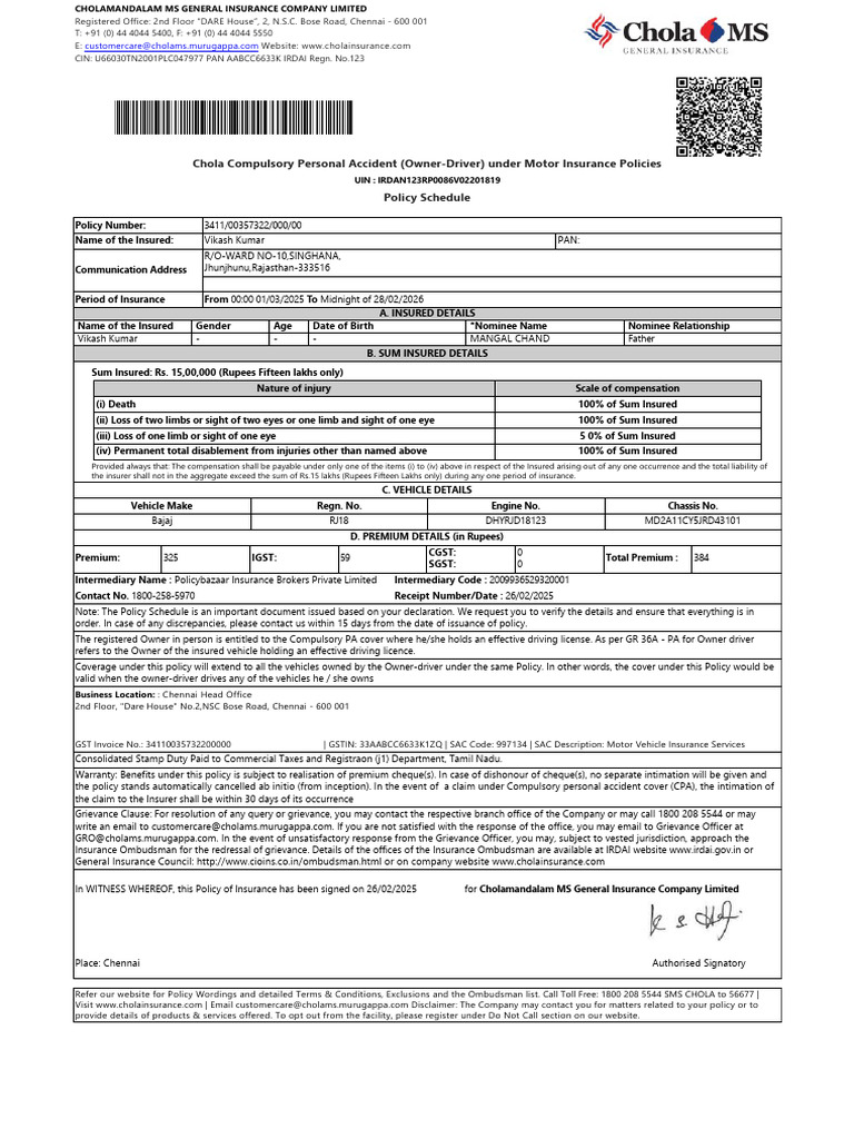 Chola Personal Accident Insurance Policy | PDF | Insurance | Vehicle ...