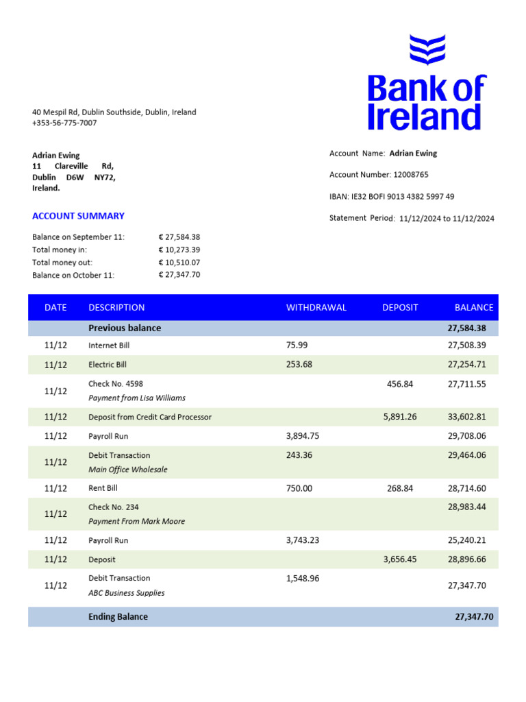 Bank of Ireland Statement Summary | PDF