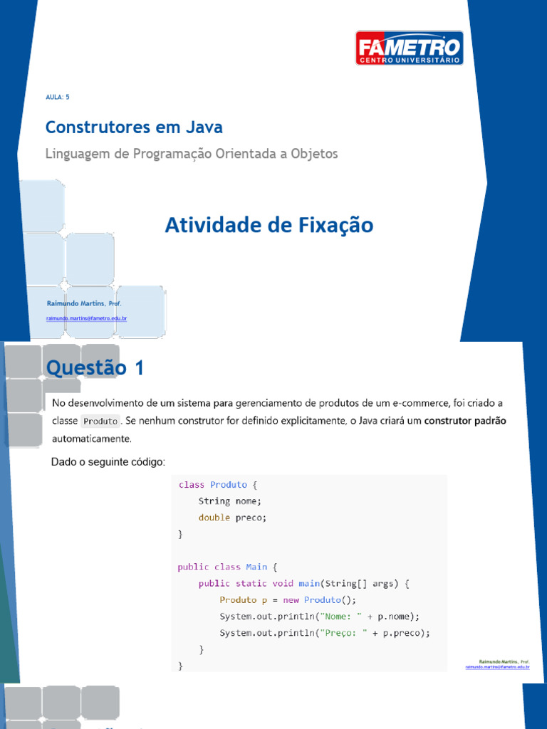 Construtores em Java: Questões e Respostas | PDF | Programação ...