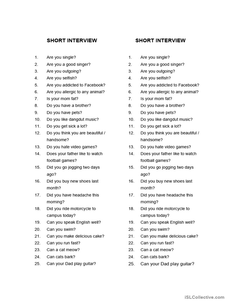 Short interview by using yes_no questions | PDF