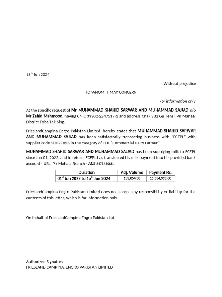 Business Confirmation for Milk Supplier | PDF
