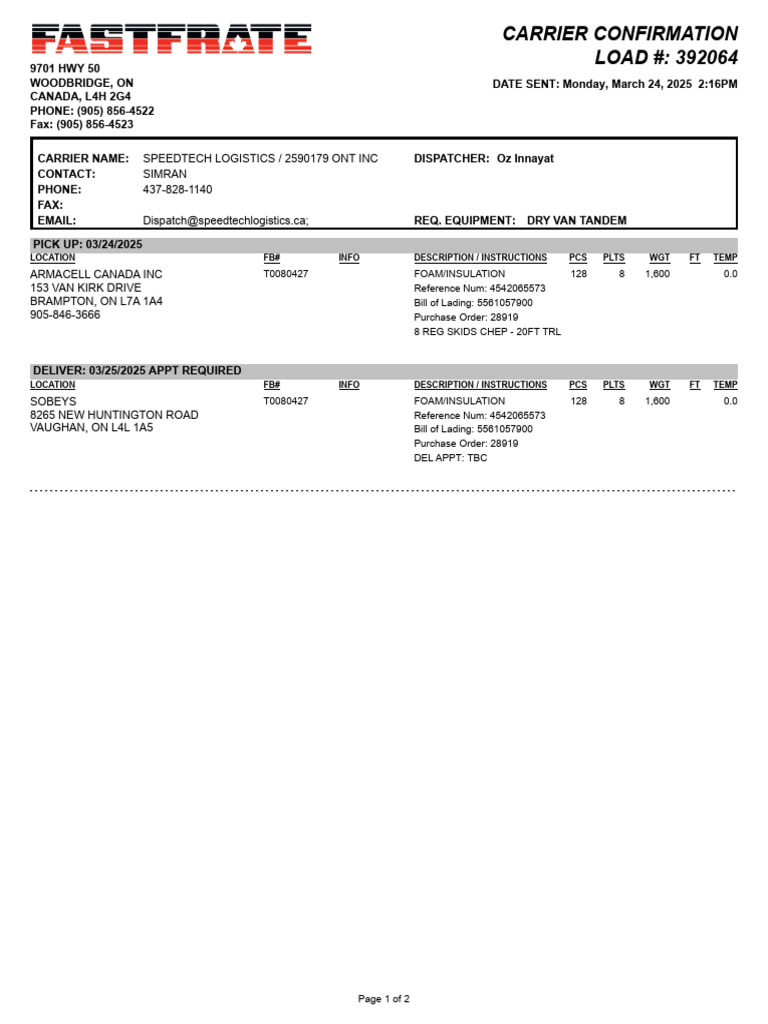 Carrier Confirmation for Load 392064 | PDF | Cargo | Freight Transport