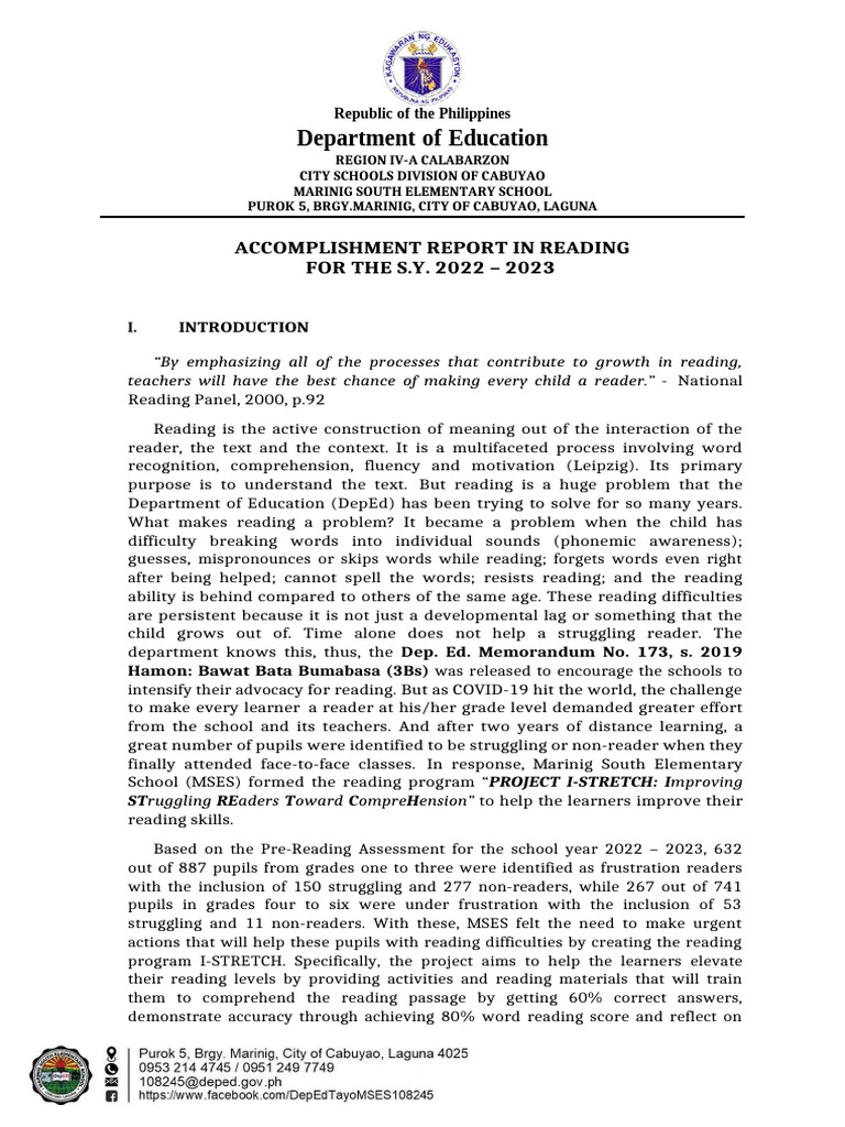 Reading Accomplishment Report 2022-2023 | PDF | Reading Comprehension ...