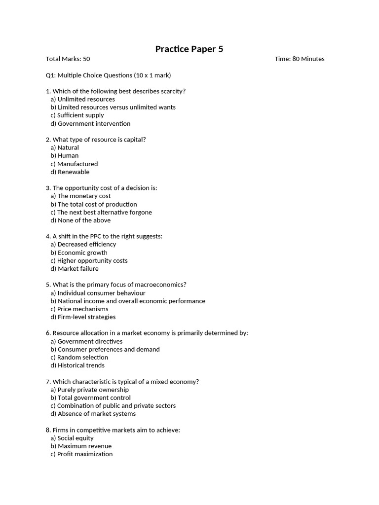 Economics Practice Paper 5 Questions | PDF | Market Economy | Economics