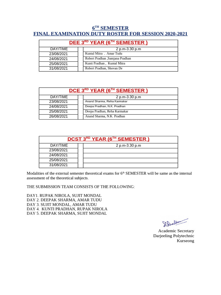 6th Semester Final Exam Duty Roster | PDF