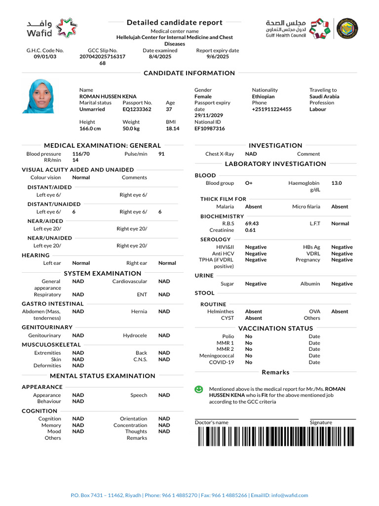 Medical Report for Roman Hussen Kena | PDF | Medical Specialties ...