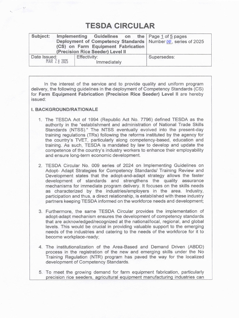 TESDA Guidelines for Precision Rice Seeder Training | PDF ...