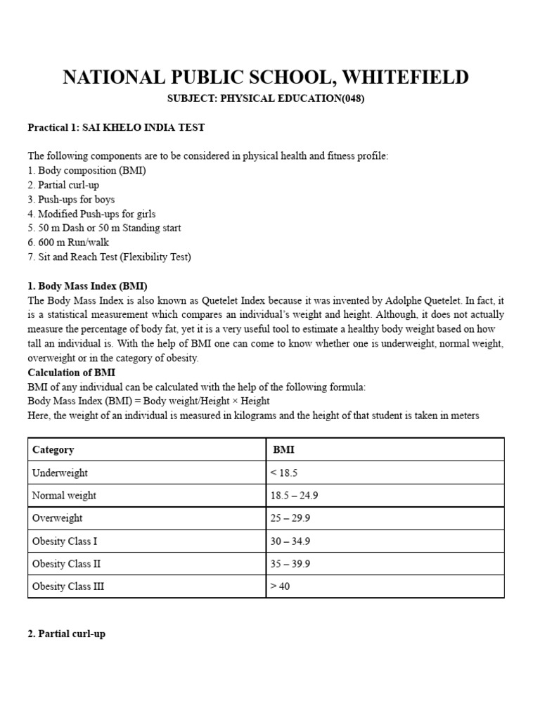 SAI Khelo India Fitness Test Overview | PDF | Body Mass Index | Human Body