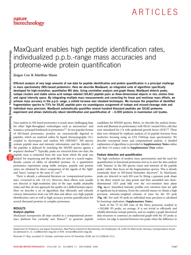 MaxQuant: Advanced Proteomics Analysis | PDF | Mass Spectrometry ...
