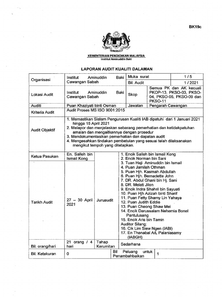 5.1 Laporan Audit Bil. 1 IAB C SBH | PDF