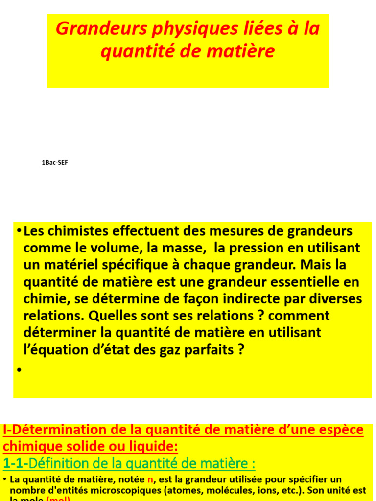 Grandeurs physiques et quantité de matière | PDF | Mole (unité) | Pression