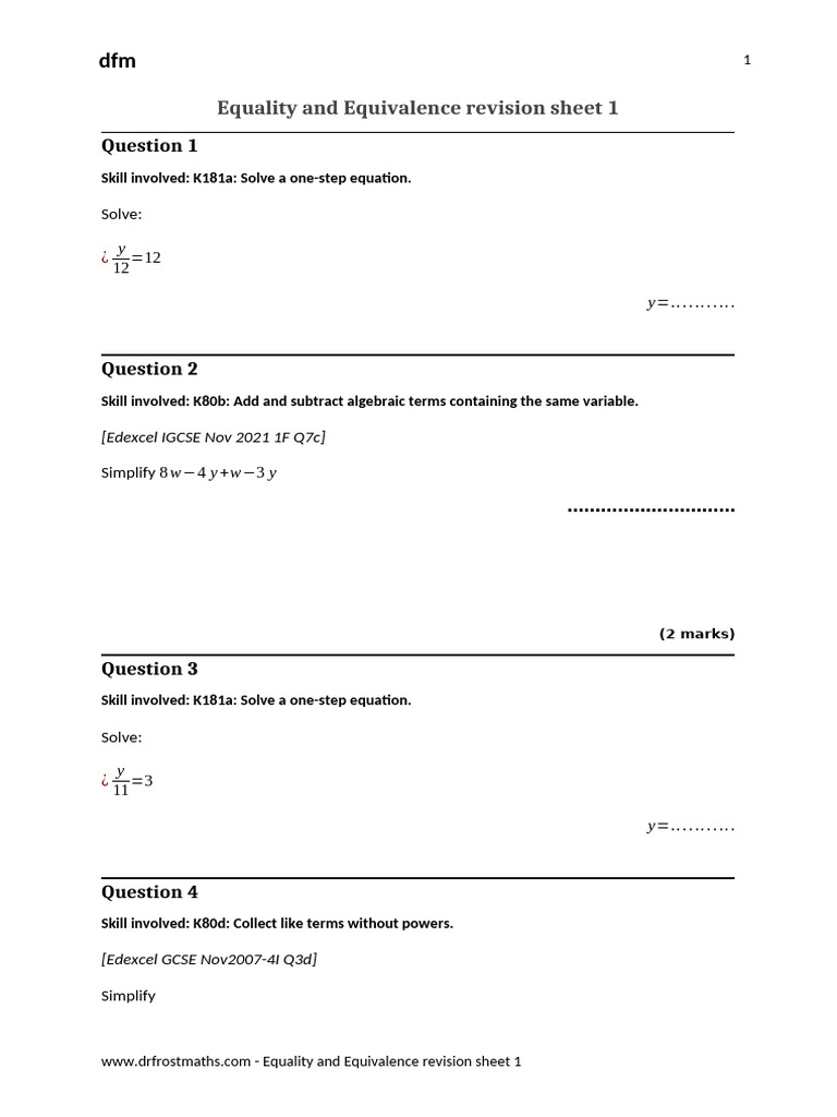 Equality and Equivalence Revision Sheet 1 | PDF | Equations ...