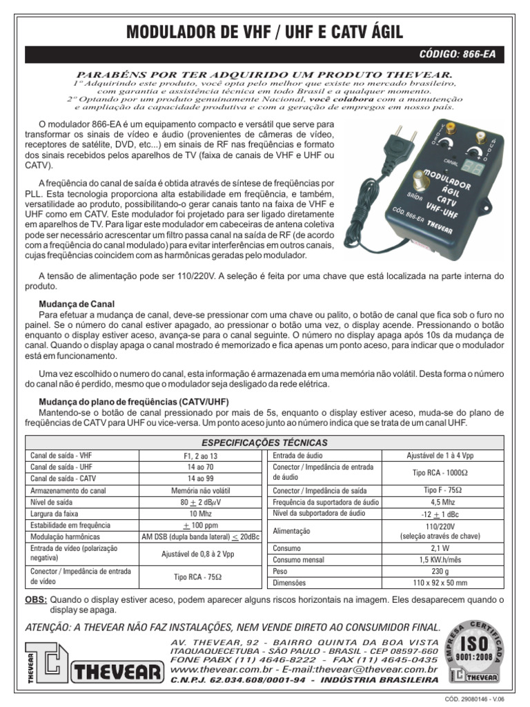 Modulator VHF/UHF/CATV 866-EA Especificações | PDF | Televisão ...
