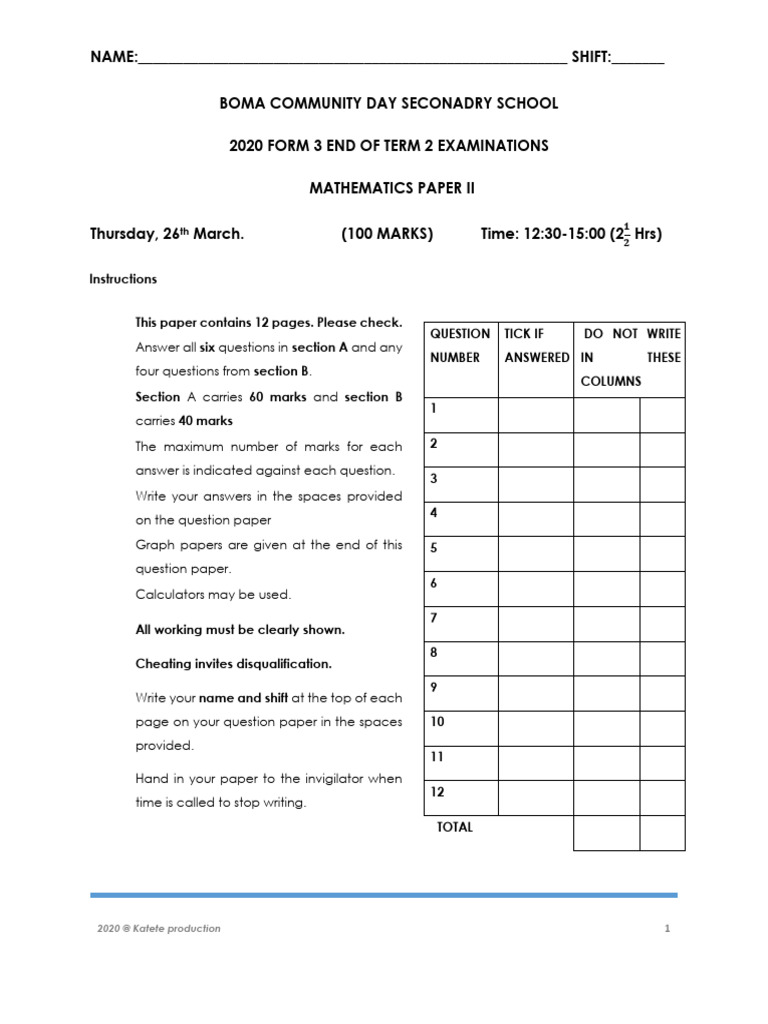 2020 Boma CDSS Mathematics Paper 2, End of Term 2 | PDF | Circle ...