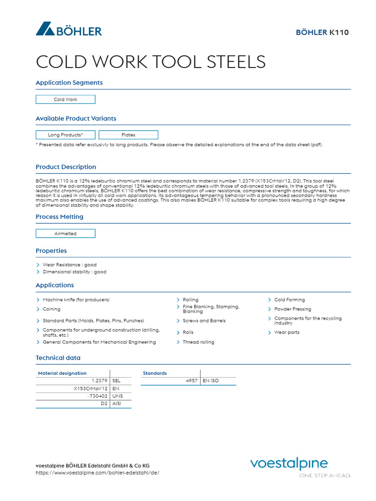 BÖHLER K110 Cold Work Tool Steel Guide | PDF | Heat Treating | Steel
