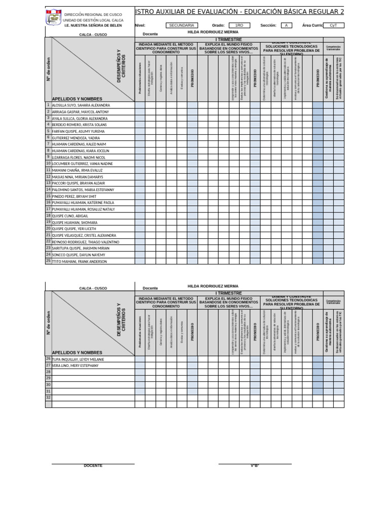 Registro Auxiliar Evaluación 2025 Secundaria | PDF | Maestros ...